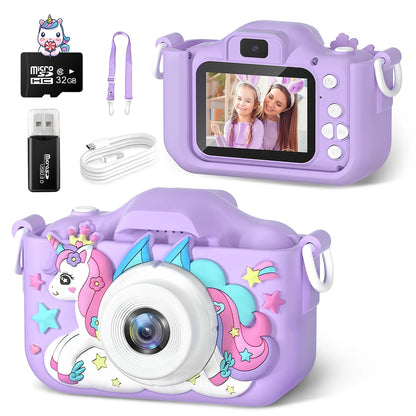 Kids Mini Camera Cartoon Unicorn Toys for Girls Boys Birthday Gifts 1080P HD 2inch Screen With 32G SD Card Record Life Camera ALPENZO