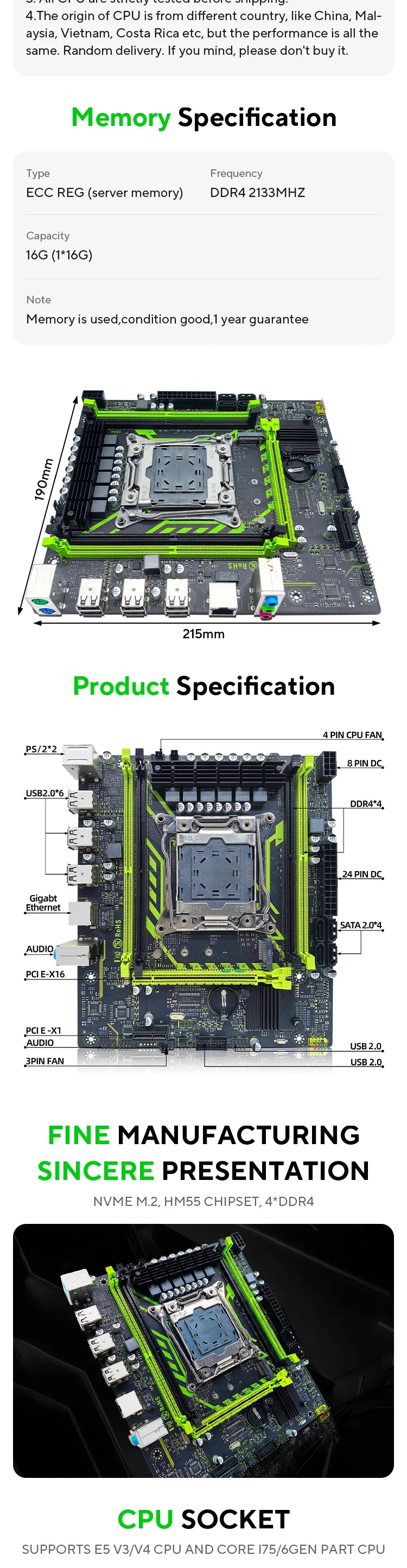 ZSUS X99-8D4 Motherboard Set Kit With LGA2011-3 Xeon E5 2650 V4 CPU DDR4 16GB (1*16GB) 2133MHZ RAM Memory NVME M.2 SATA - ALPENZO
