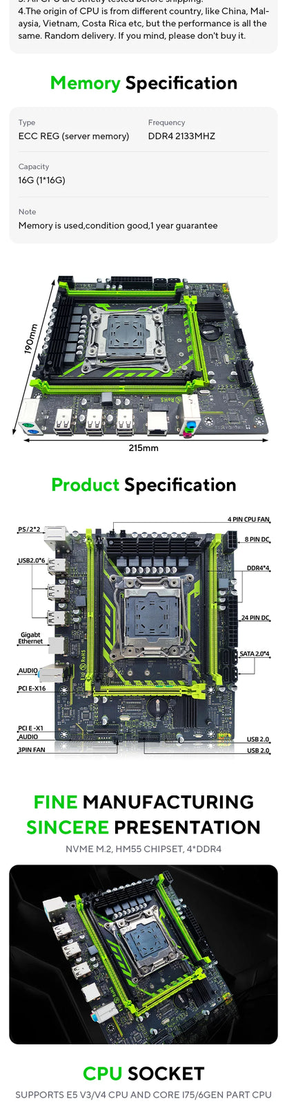 ZSUS X99-8D4 Motherboard Set Kit With LGA2011-3 Xeon E5 2650 V4 CPU DDR4 16GB (1*16GB) 2133MHZ RAM Memory NVME M.2 SATA - ALPENZO