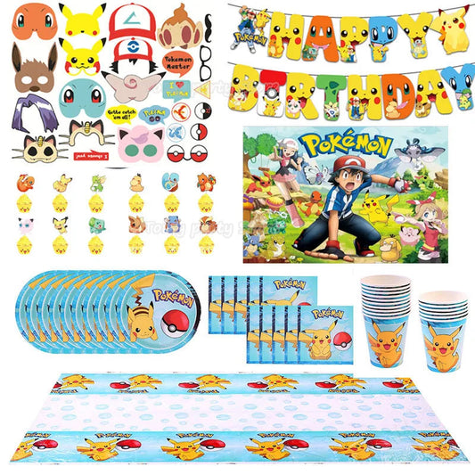 Cartoon Pikachu Theme Birthday Party Disposable Tableware Set Balloons Decorations Photo Props Background Pokemon Party Supplies ALPENZO
