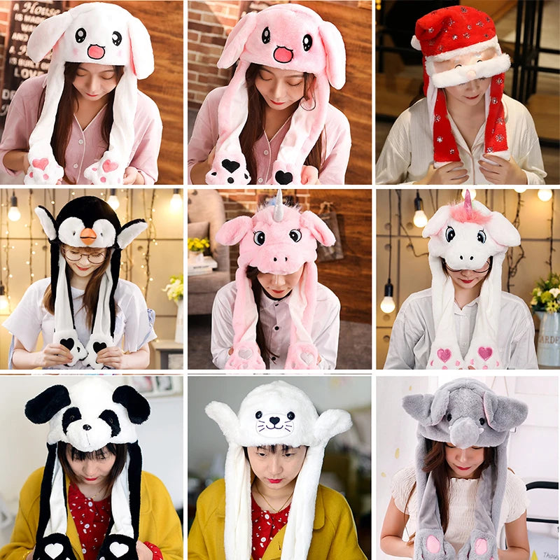 Cartoon Bunny Ear Move Hat Jumping up Toys Rabbit Girls Animal Plush Costume Cosplay Cap Kids Party for Adult Funny Anime Hat ALPENZO