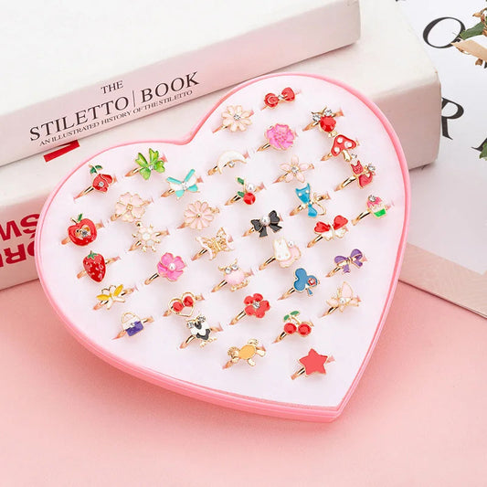 12/36 Pcs Adjustable Alloy Baby Girl Rings with Heart Shaped Box Cartoon Mix Finger Jewellery Rings Kid Girls Toys Random Color ALPENZO