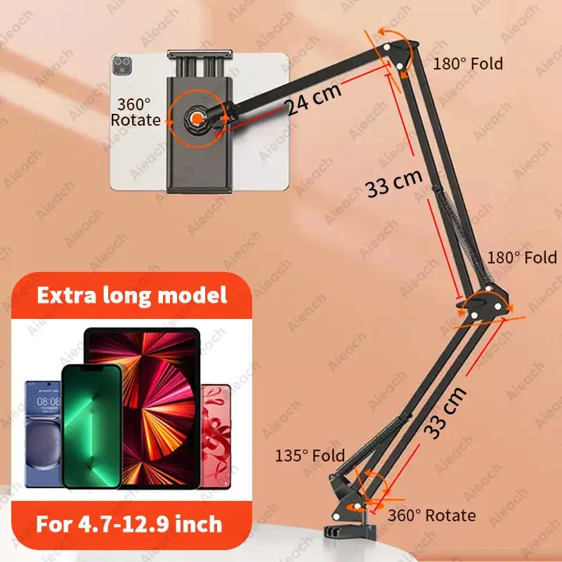 Tablet Holder for Bed with Long Metal Arm iPad Stand Tablet Bracket 360° Rotating Bed Phone Mount for 4.5~12.9 inch Phone Tablet - ALPENZO