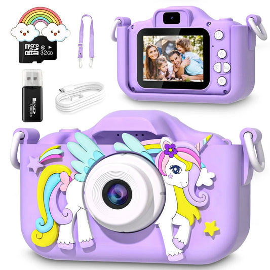 Kids Mini Camera Cartoon Unicorn Toys for Girls Boys Birthday Gifts 1080P HD 2inch Screen With 32G SD Card Record Life Camera ALPENZO