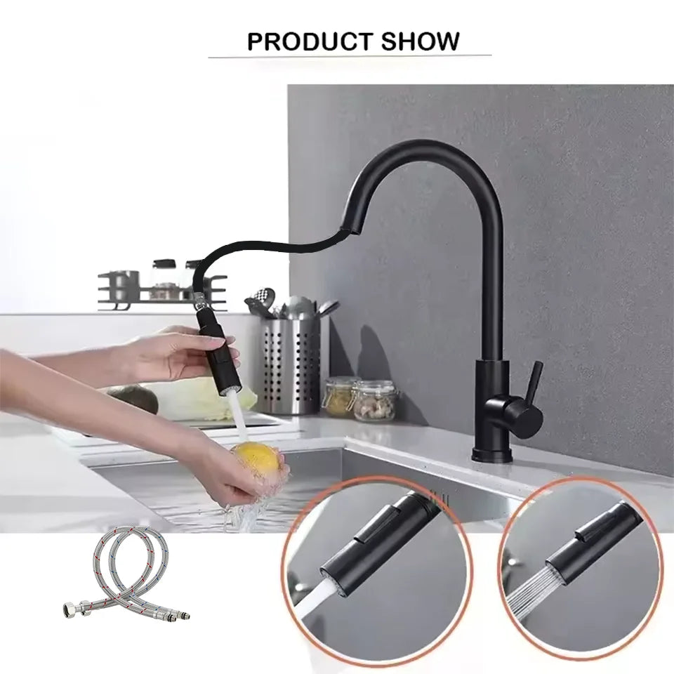 Hot and Cold Mixed Kitchen Faucet, Stainless Steel Faucet, Kitchen Sink Faucet, Pull-out Kitchen Faucet, Single Hole Faucet - ALPENZO