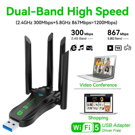 VAORLO 1200Mbps WiFi USB Adapter WiFi5 Dual Band 2.4G+5.8Ghz 4 Antenna Dongle USB3.0 High-Speed Wireless Card Receiver PC/Laptop - ALPENZO
