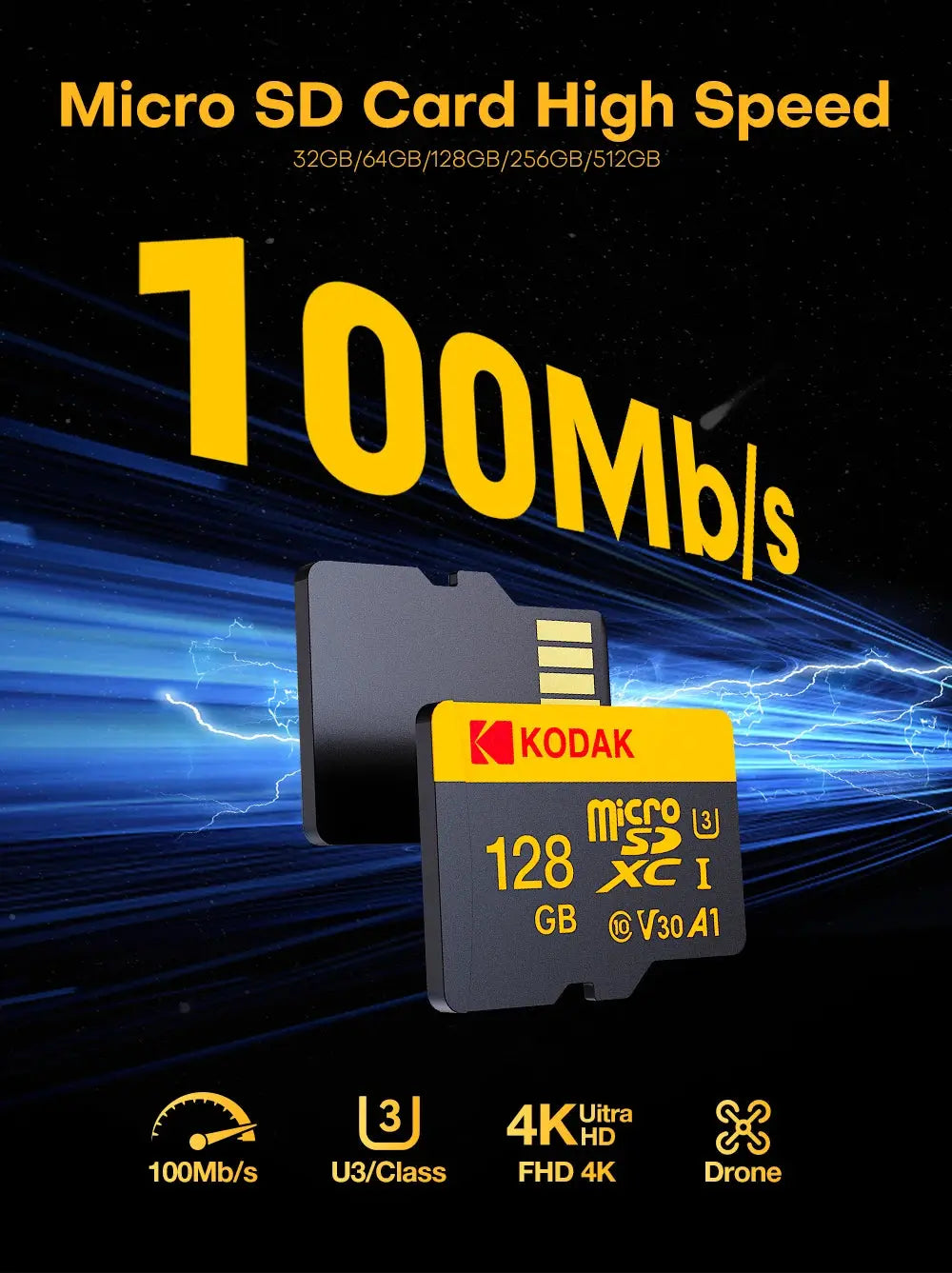 Kodak Micro SD Card Memory Card Class 10 32GB 64GB 128GB 256GB U3 4K High Speed Cartao De Memoria Flash Memory TF Mecard C10 - ALPENZO