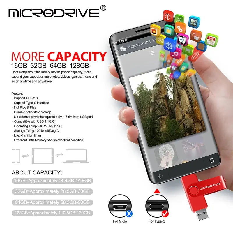 Metal USB Flash Drive 128GB 64GB 32GB High Speed 16GB 8GB Pen Drive Smart Phone  OTG  2 IN 1 Memoria Usb Stick Type C Usb 2.0 - ALPENZO