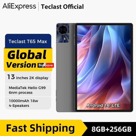 Teclast T65 Max 13" FHD Display Android 14 Tablet MediaTek G99 8GB+12GB Expansion RAM 256GB ROM 10000mAh Battery 18W Widevine L1 - ALPENZO