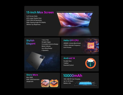 【World Premiere】Teclast T65 Max 13" HD Display Android 14 Tablet MediaTek G99 8GB RAM 256GB ROM 10000mAh Battery Widevine L1 - ALPENZO