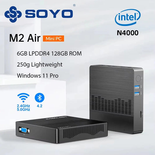 SOYO M2 Air Mini PC: Powerful 6GB RAM, 128GB EMMC, Intel N4000, Windows 11 Pro - Compact & Ideal for Home, Business & Gaming - ALPENZO