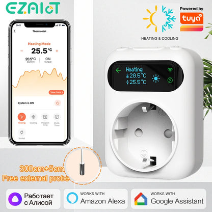 Tuya WIFI Digital Thermostat Socket 16A Outlet Plug Remote Temperature Controller Timer Switch Cooling Heating 3M NTC Sensor - ALPENZO