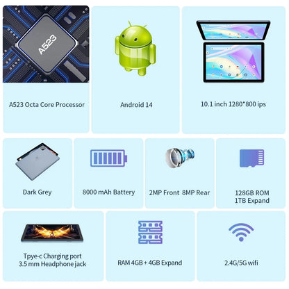PRITOM TAB11 Android 14 Tablet 10 Inch, 8GB(4+4 Expand) RAM + 128GB ROM, Octa Core, 5G WiFi, with Keyboard, Mouse, Case - ALPENZO