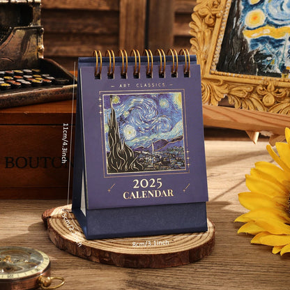 1 pc 2025 Vintage Mini Bronzing Painting Desk Calendar Tabletop Flip Monthly Calendar Student Notepad Schedule Planner Calendar ALPENZO