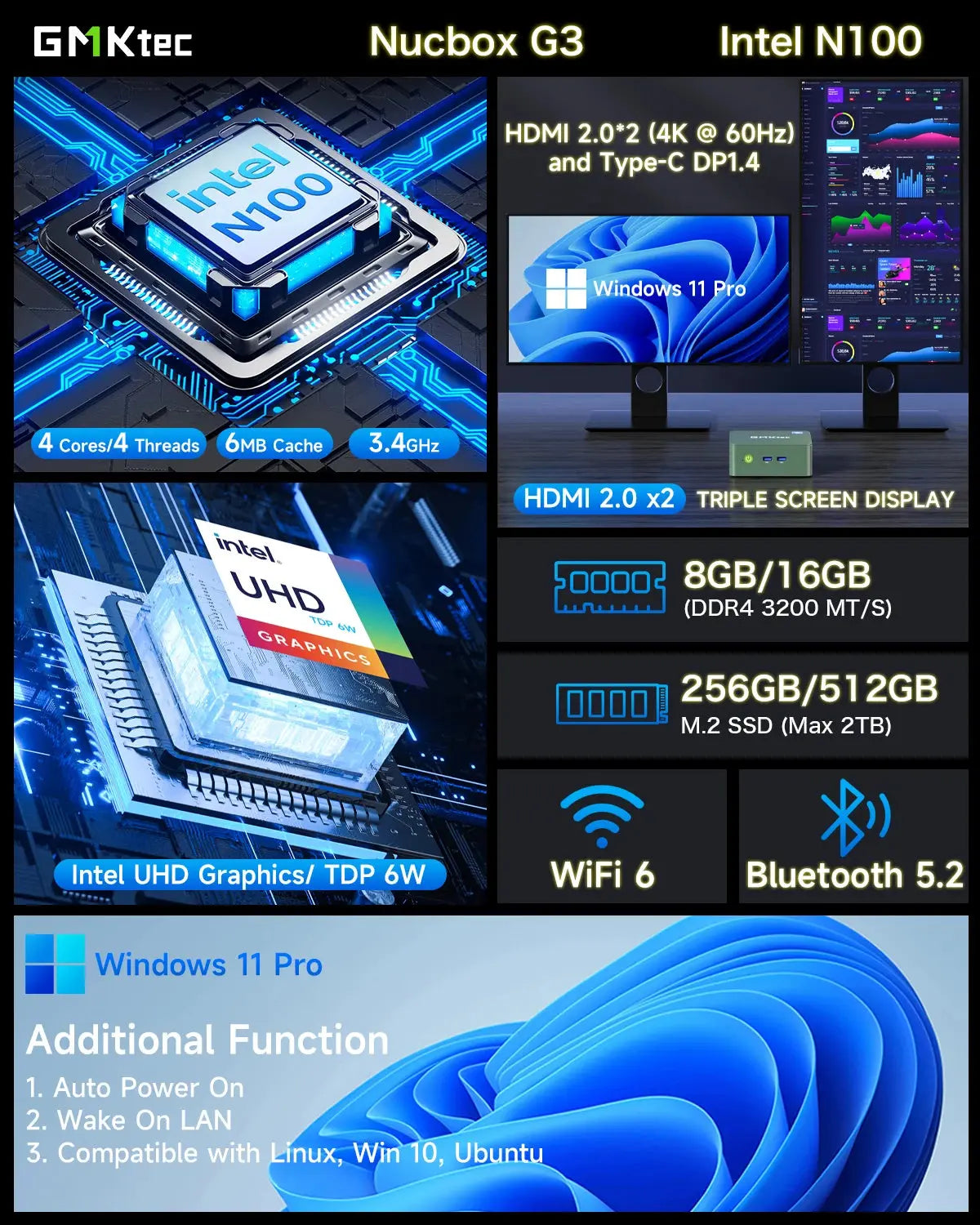 GMKtec G3 Mini PC Intel Alder Lake N100 Windows 11 Pro Mini PC 8/16GB DDR4 256/512GB PCIe M.2 SSD WiFi 6 BT5.2 Desktop Computer - ALPENZO