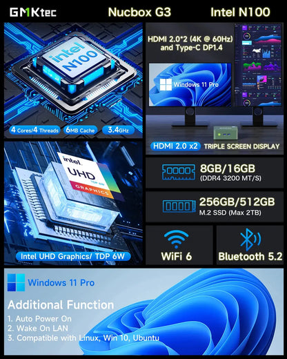 GMKtec G3 Mini PC Intel Alder Lake N100 Windows 11 Pro Mini PC 8/16GB DDR4 256/512GB PCIe M.2 SSD WiFi 6 BT5.2 Desktop Computer - ALPENZO