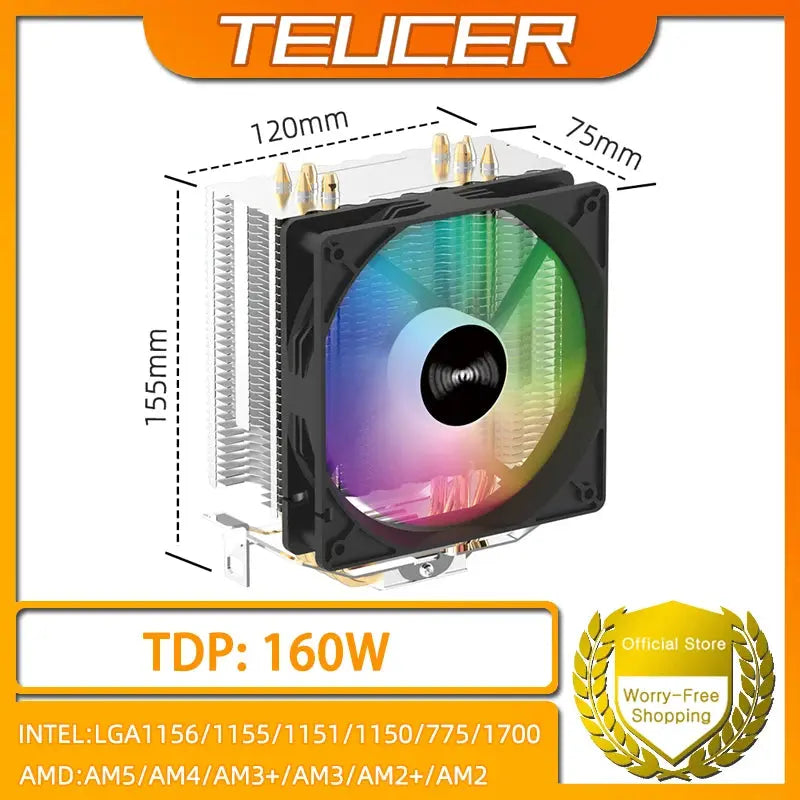 TEUCER CPU Cooler 4 Heat Pipes PC Radiator Cooling 3PIN PWM Silent Rgb Fan For Intel 1700 1150 1155 1156 1366 AM2/AM3/AM4 AMD - ALPENZO