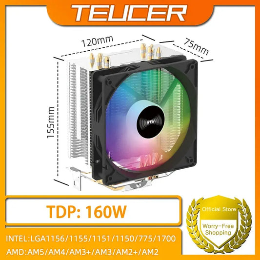 TEUCER CPU Cooler 4 Heat Pipes PC Radiator Cooling 3PIN PWM Silent Rgb Fan For Intel 1700 1150 1155 1156 1366 AM2/AM3/AM4 AMD - ALPENZO