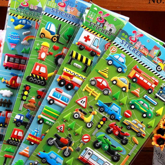 6 Sheets 3D Bubble Sticker Car Truck Plane Traffic Waterproof Cartoon Anime Stickers For Girl Boy Kids Funny Educational Toys ALPENZO