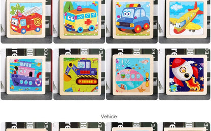 Hot Sale 11X11CM Kids Wooden Puzzle Baby Cartoon Animal Traffic Tangram Wood Puzzle Educational Jigsaw Toys For Children Gifts ALPENZO