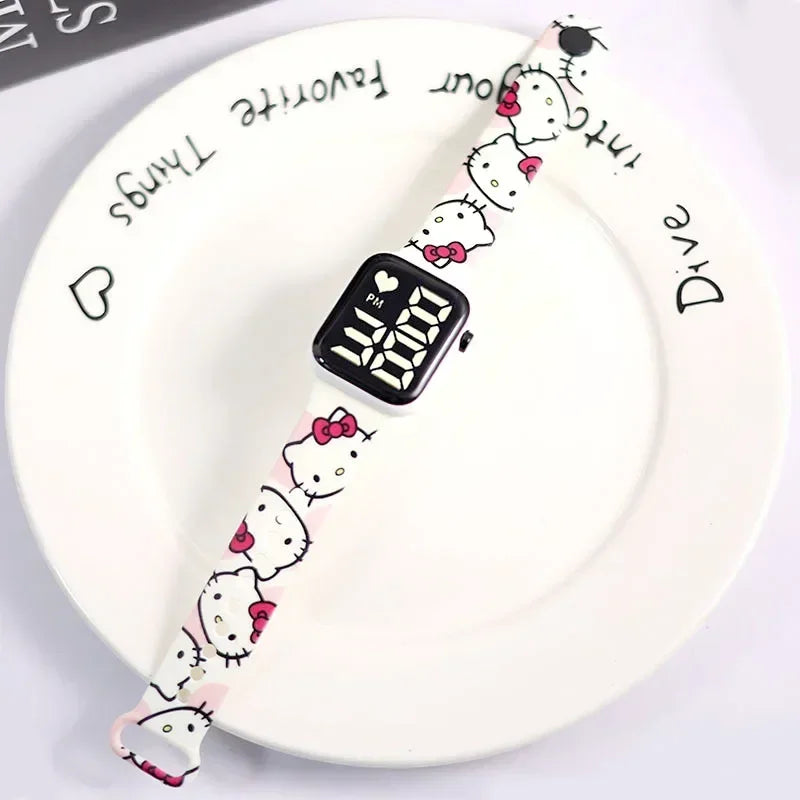 Sanrio Hello Kitty Cartoon Printed Button LED Electric Watch Teenager Fashion Personality Stitch Printed Square Electronic Watch ALPENZO