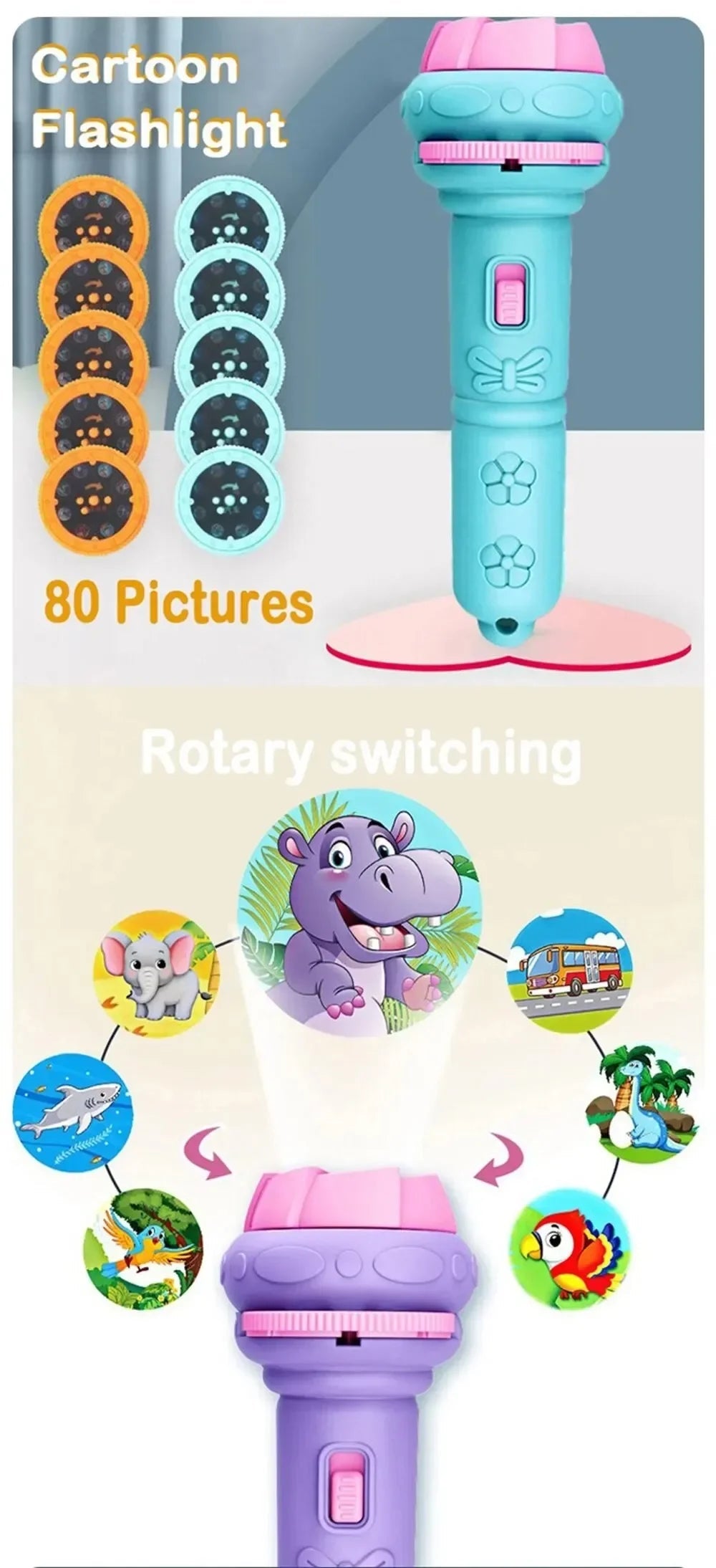 10 Cards Cartoon Projection Flashlight 80 Patterns Creative Children Flashlight Toy Projector Baby Toys Bedtime Story Book Toy ALPENZO