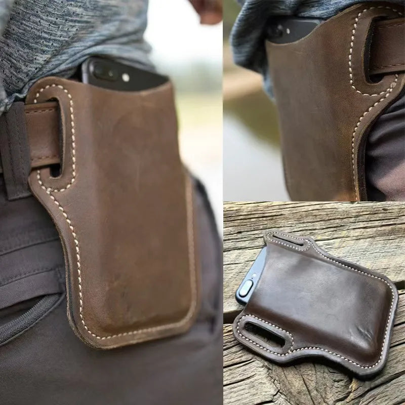 Outdoor storage Retro Horse Leather Phone Waist Bag Wearing Belt Men's Hanging Waist Bag Camping Sports Work Phone Bag