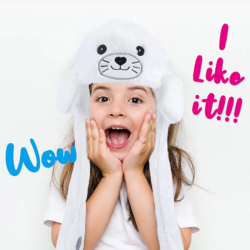 Seal Animal Ear Move Hat White Plush Bunny Ears Moving Jumping Up Toys Dress Up Funny Cosplay Party for Kids Christmas Gift ALPENZO