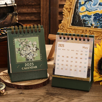 1 pc 2025 Vintage Mini Bronzing Painting Desk Calendar Tabletop Flip Monthly Calendar Student Notepad Schedule Planner Calendar ALPENZO