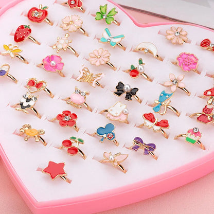 12/36 Pcs Adjustable Alloy Baby Girl Rings with Heart Shaped Box Cartoon Mix Finger Jewellery Rings Kid Girls Toys Random Color ALPENZO