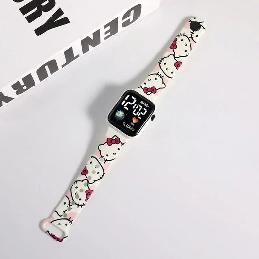 Sanrio Hello Kitty Cartoon Printed Button LED Electric Watch Teenager Fashion Personality Stitch Printed Square Electronic Watch ALPENZO