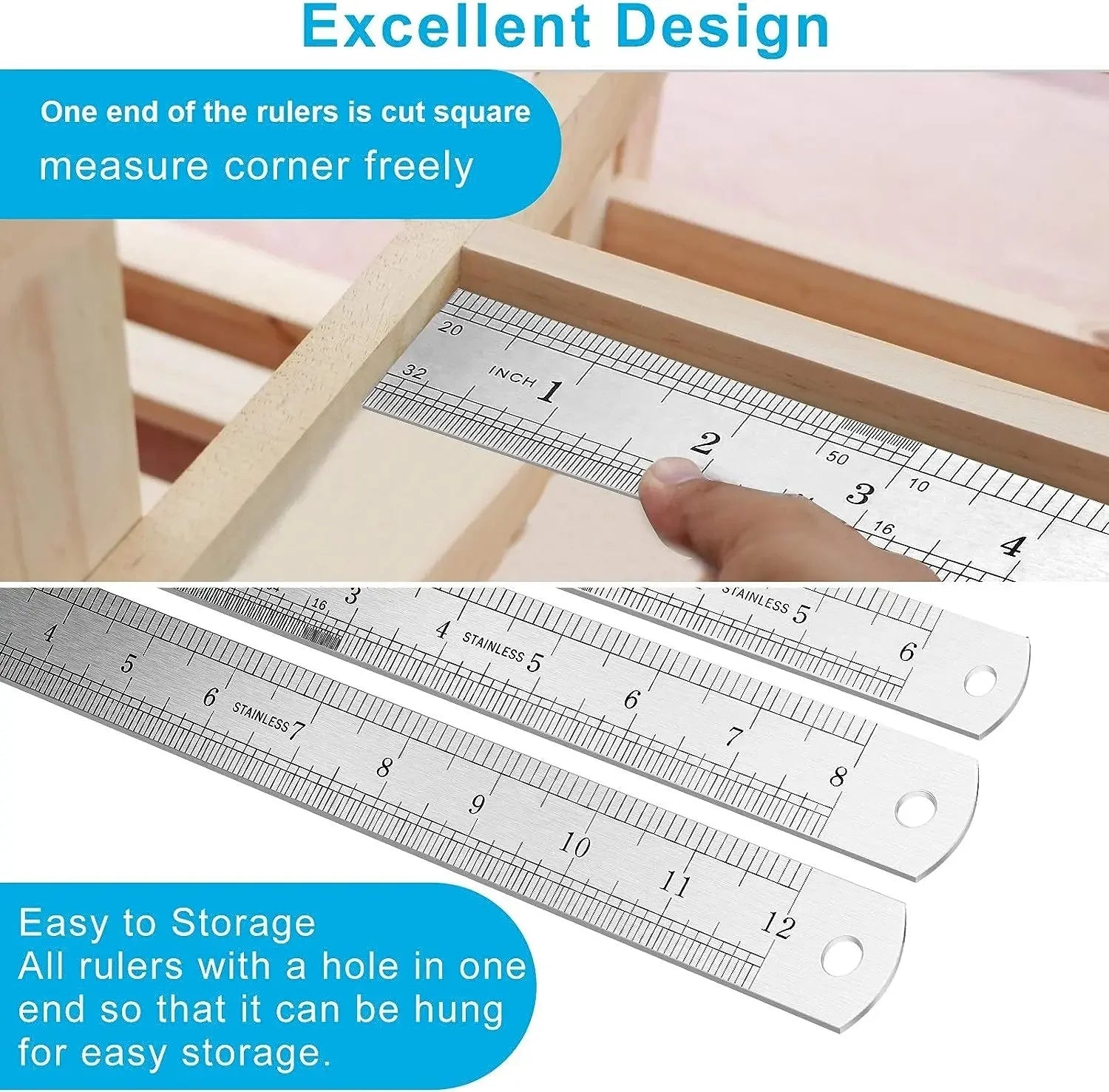 Stainless Steel Double Side Straight Ruler Centimeter Inches Scale Metric Ruler Precision Measuring Tool School Office Supplies ALPENZO