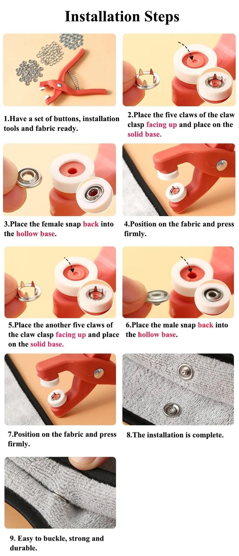 50 Sets 9.5MM Five Jaw Buckle Pliers Set Tool DIY Craft Sewing Hollow Solid Metal Snap Buttons Clothes Installation Accessories ALPENZO