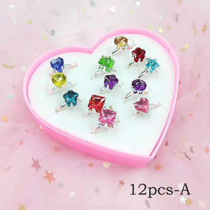 12/36 Pcs Adjustable Alloy Baby Girl Rings with Heart Shaped Box Cartoon Mix Finger Jewellery Rings Kid Girls Toys Random Color ALPENZO