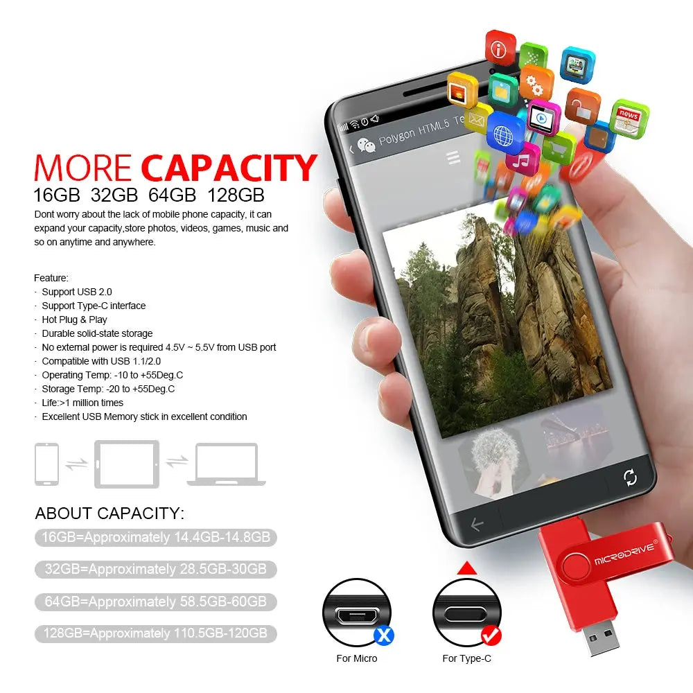 Metal USB Flash Drive 128GB 64GB 32GB High Speed 16GB 8GB Pen Drive Smart Phone  OTG  2 IN 1 Memoria Usb Stick Type C Usb 2.0 - ALPENZO