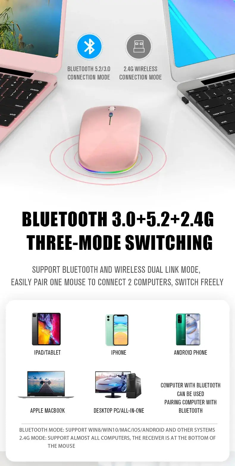 Tablet Phone Computer Bluetooth Wireless Mouse Rechargeable RGB Backlight Mice for iPad PC Laptop Tablet Phone 2.4GHz USB Mouse - ALPENZO