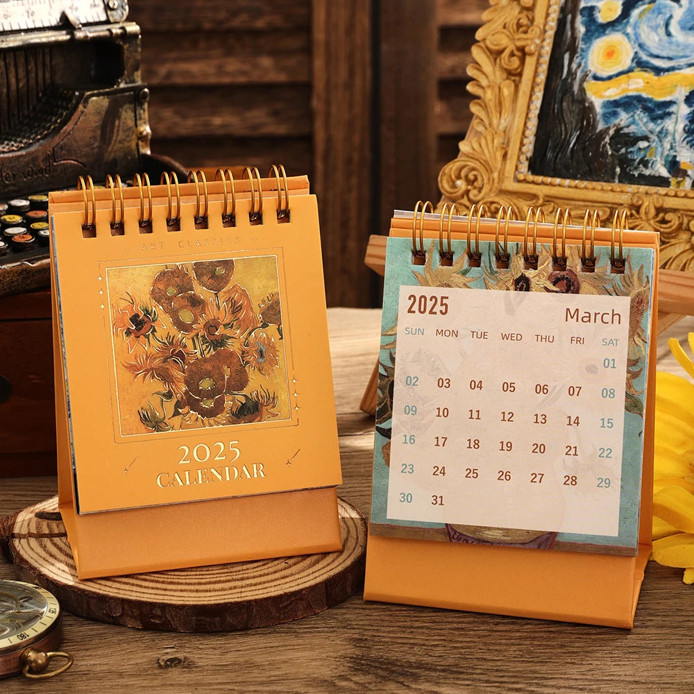1 pc 2025 Vintage Mini Bronzing Painting Desk Calendar Tabletop Flip Monthly Calendar Student Notepad Schedule Planner Calendar ALPENZO