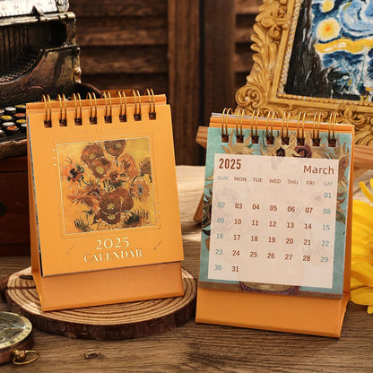 1 pc 2025 Vintage Mini Bronzing Painting Desk Calendar Tabletop Flip Monthly Calendar Student Notepad Schedule Planner Calendar ALPENZO