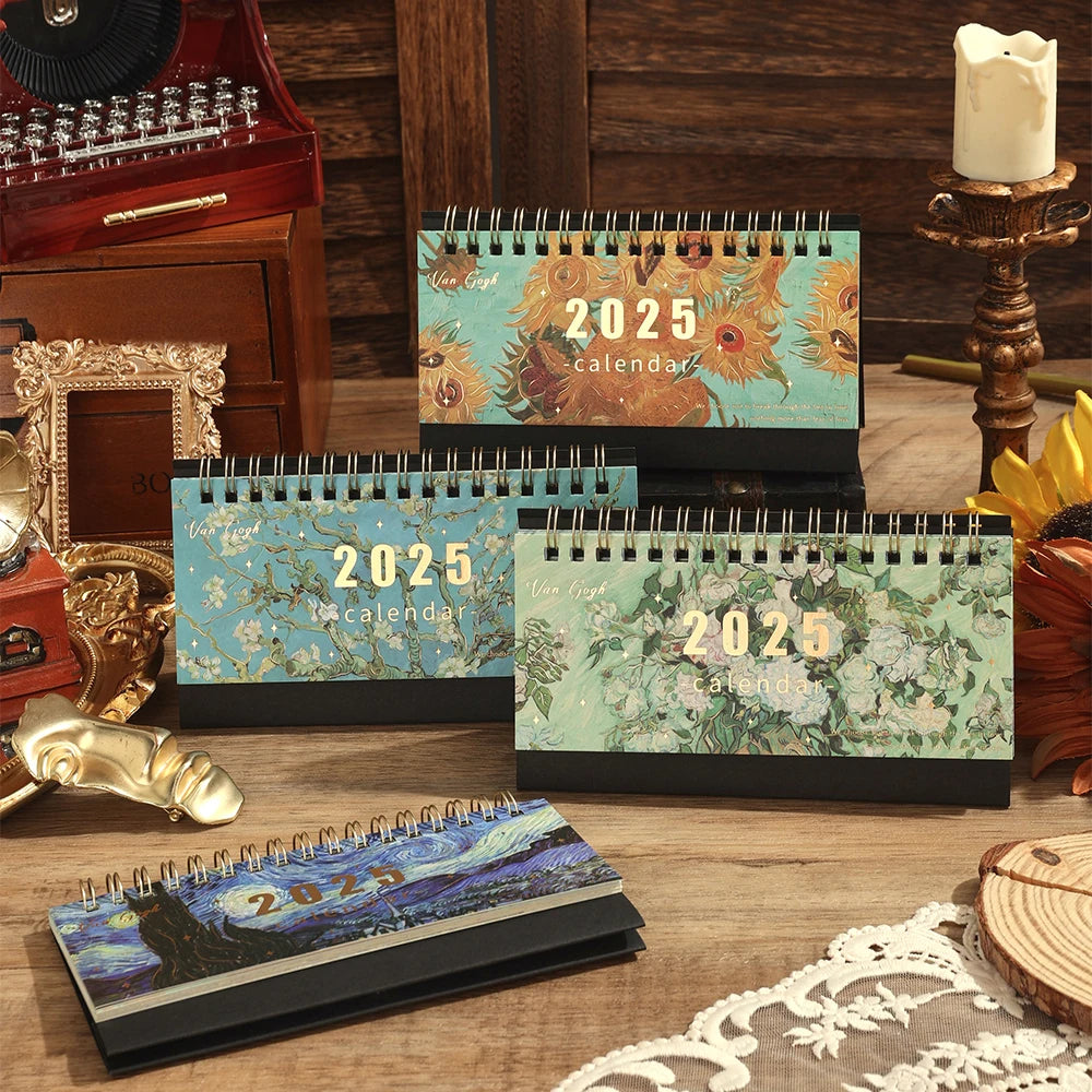1 pc 2025 Vintage Painting Coil Desk Calendar With Memo Notes Tabletop Flip Schedule Monthly Calendar For Home Office School ALPENZO
