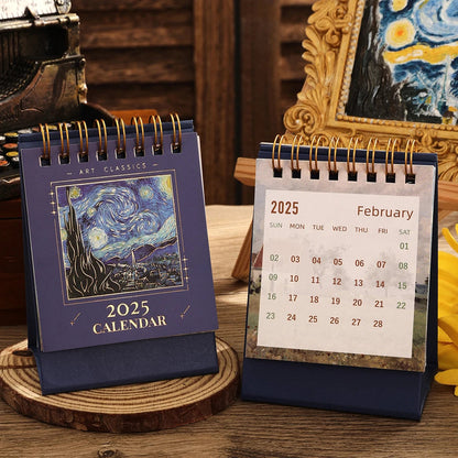 1 pc 2025 Vintage Mini Bronzing Painting Desk Calendar Tabletop Flip Monthly Calendar Student Notepad Schedule Planner Calendar ALPENZO