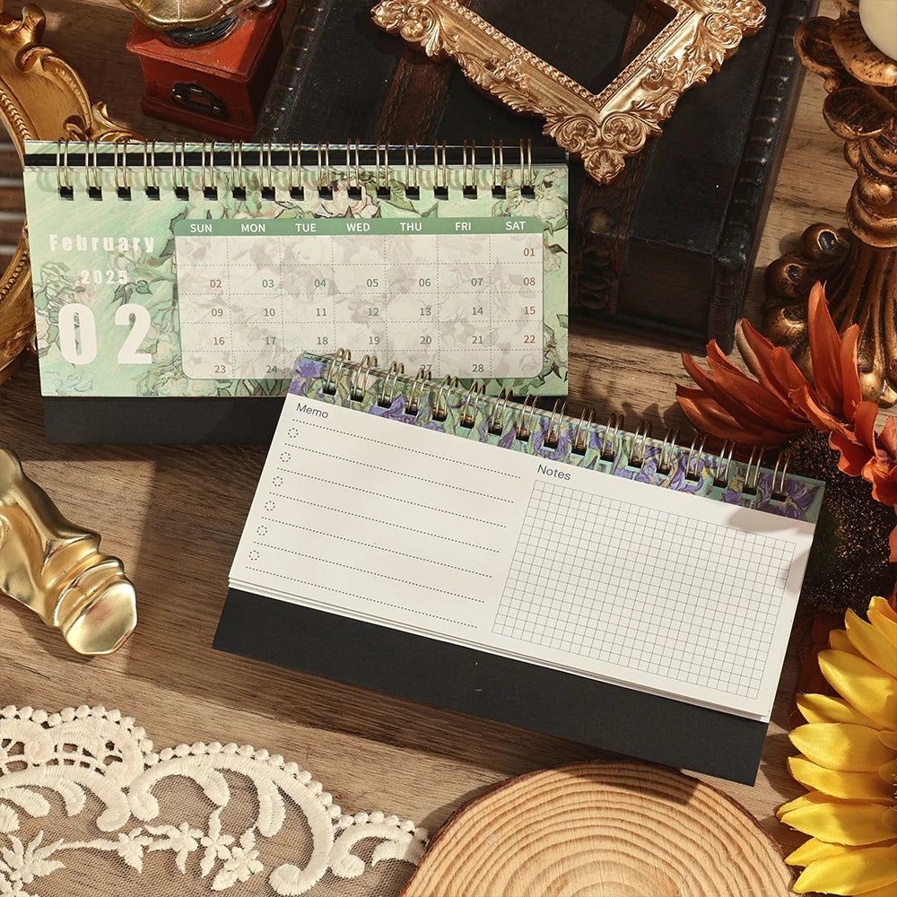 1 pc 2025 Vintage Painting Coil Desk Calendar With Memo Notes Tabletop Flip Schedule Monthly Calendar For Home Office School ALPENZO