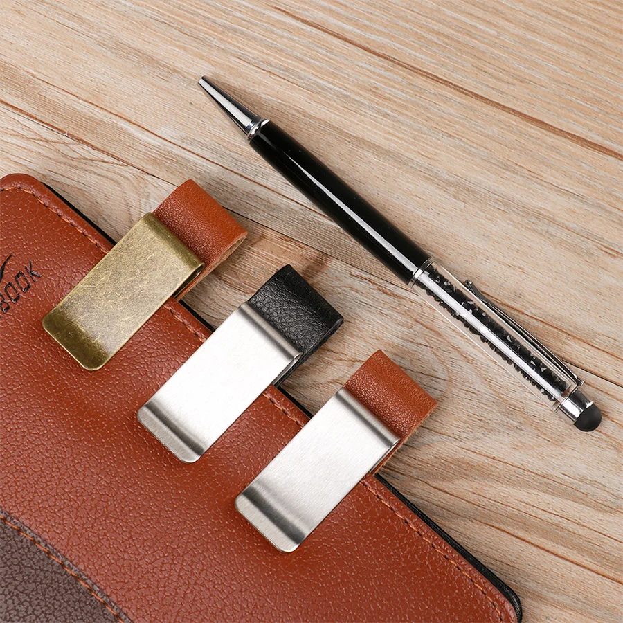 STONEGO Handmade Leather Brass Stainless Steel Pen Holder Clip Journal Notebook Paper Folder Writing Office Supplies ALPENZO