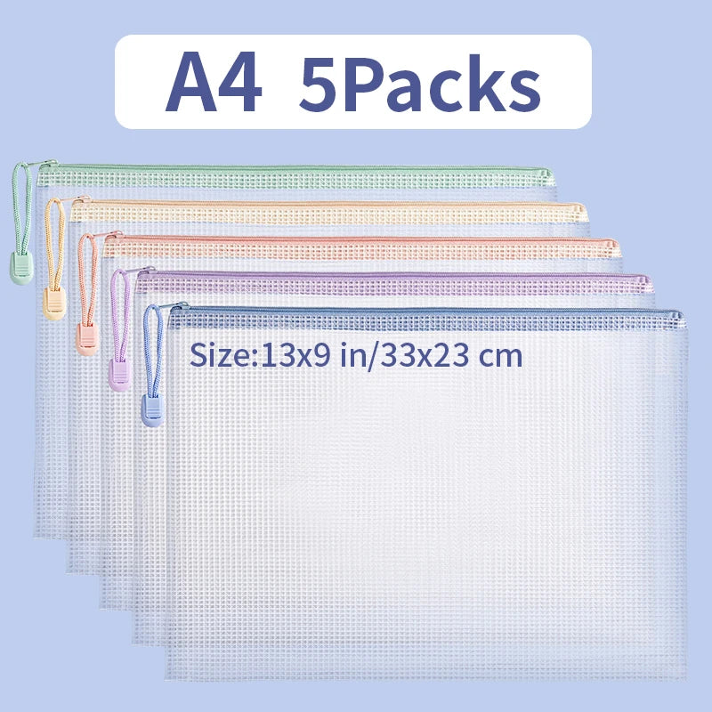 Zipper Mesh Bags A4/A5 Plastic Zipper Bags For Organizing Zipper Mesh Bags Waterproof Clear Travel Bags Office Supplies Document ALPENZO