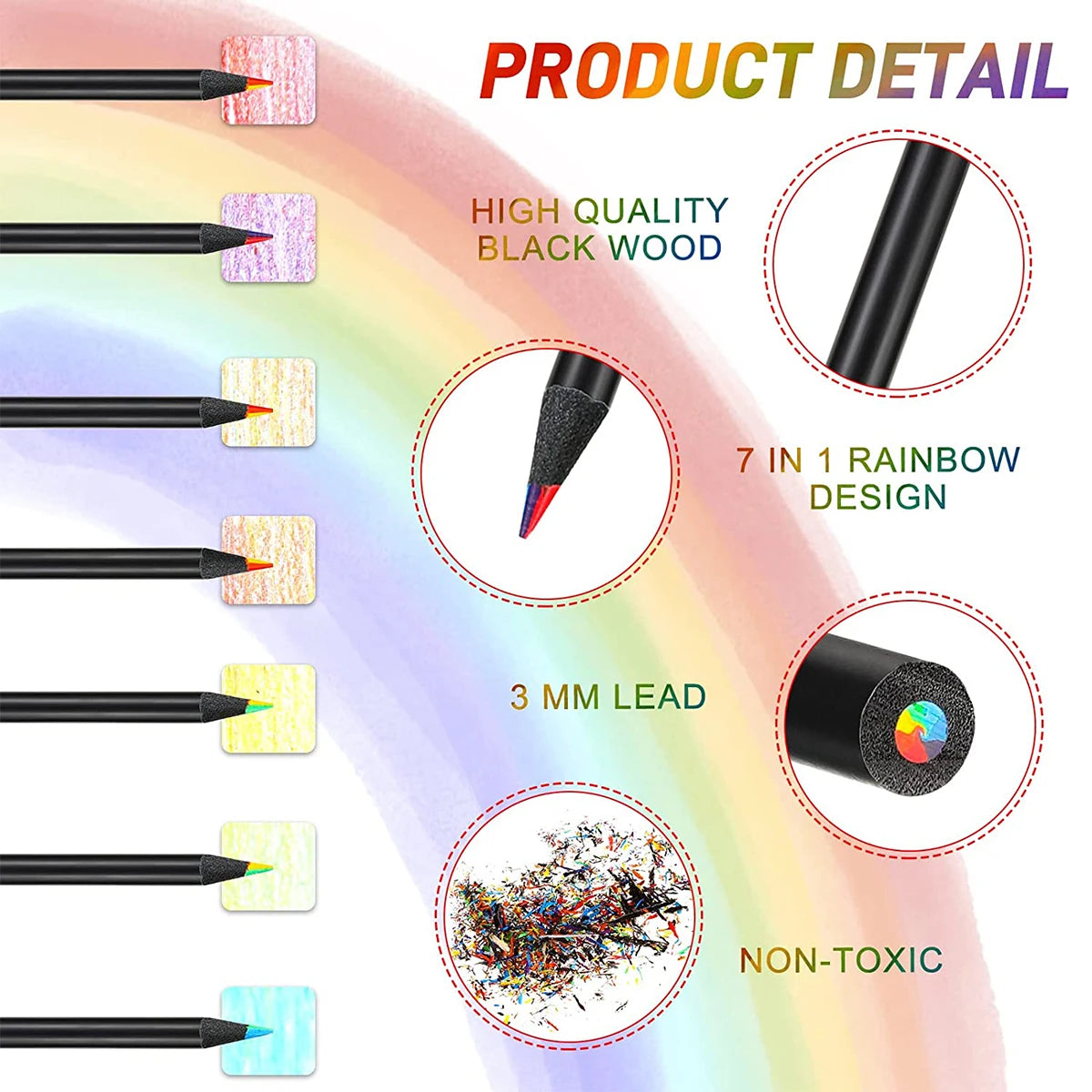 10 Pcs Colored Black Wood Pencils, 7 in 1 Rainbow Drawing Pencil. for Sketching, Doodling, Coloring, Painting ALPENZO