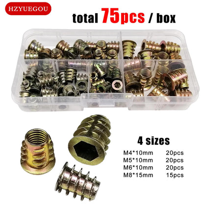 165/75/55pcs Threaded Insert Nut E-nut M4 M5 M6 M8 Set Kit For Wood Furniture Bed Cabinet Table Embedded Hex Hexagon Socket Head - ALPENZO
