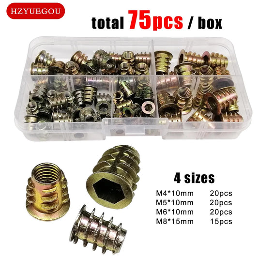 165/75/55pcs Threaded Insert Nut E-nut M4 M5 M6 M8 Set Kit For Wood Furniture Bed Cabinet Table Embedded Hex Hexagon Socket Head - ALPENZO