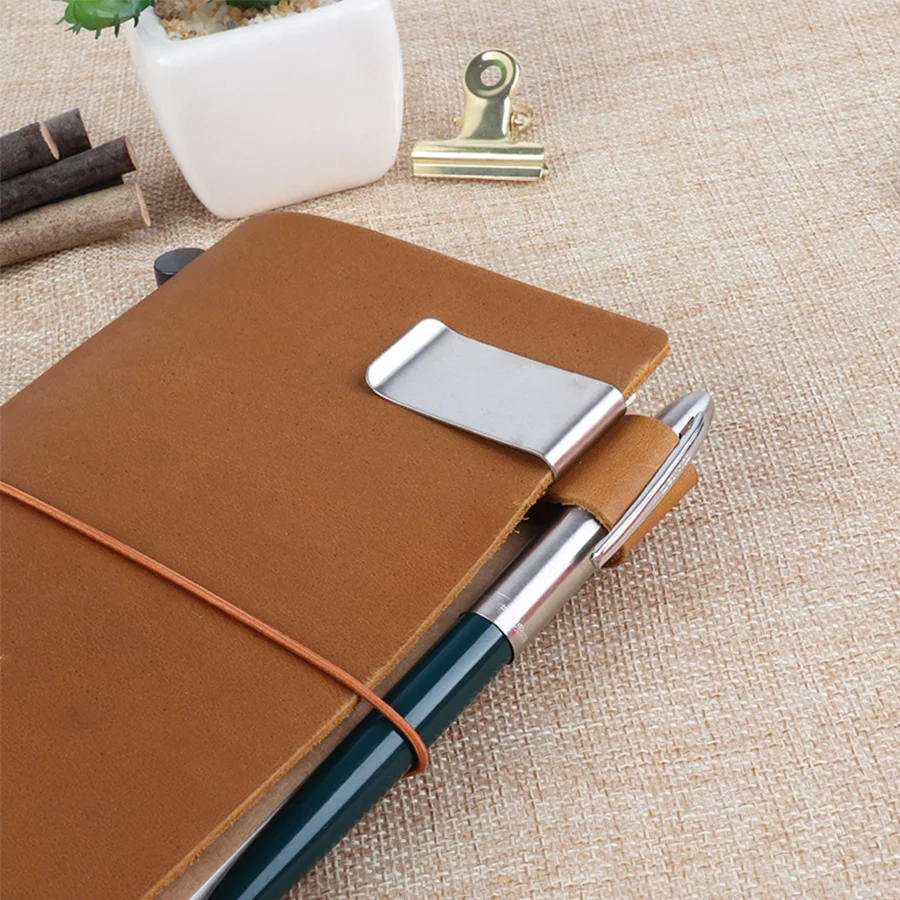 STONEGO Handmade Leather Brass Stainless Steel Pen Holder Clip Journal Notebook Paper Folder Writing Office Supplies ALPENZO