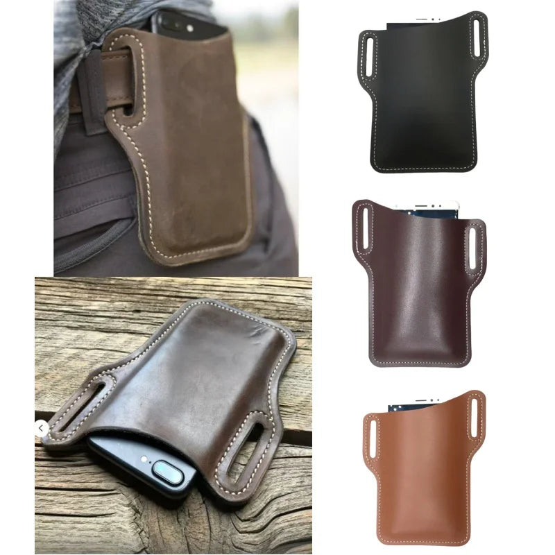 Outdoor storage Retro Horse Leather Phone Waist Bag Wearing Belt Men's Hanging Waist Bag Camping Sports Work Phone Bag