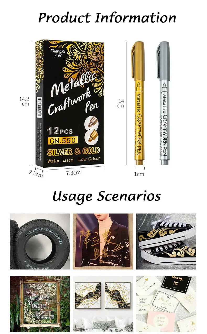 1/2Pcs Brush Metallic Marker Pens Gold Silver Permanent Art Markers Crafts Scrapbooking Painting Stationery School Supplies ALPENZO