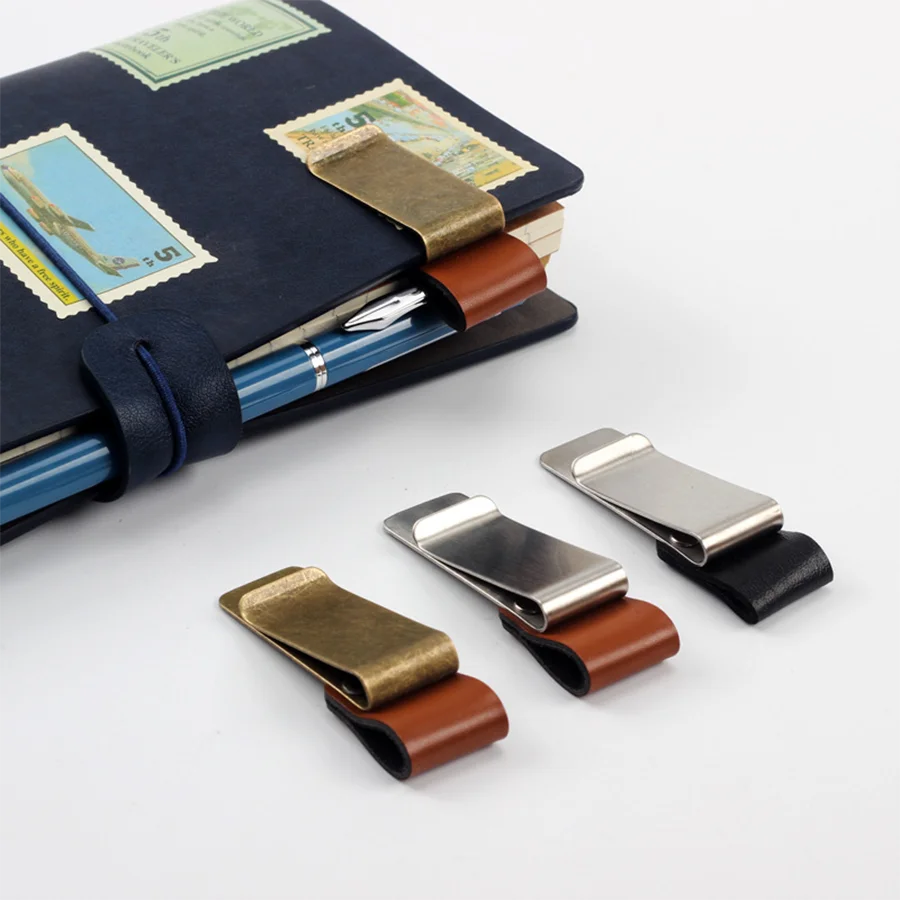 STONEGO Handmade Leather Brass Stainless Steel Pen Holder Clip Journal Notebook Paper Folder Writing Office Supplies ALPENZO